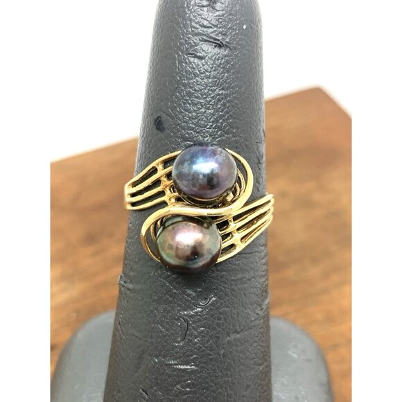 Black Purple Pearl Cocktail Ring 14k Yellow Gold Estate Jewelry Women's Size 6.5 - Picture 7 of 15